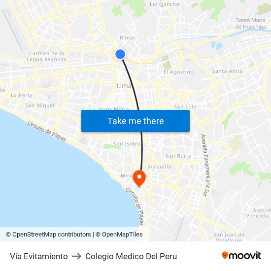 Vía Evitamiento to Colegio Medico Del Peru map