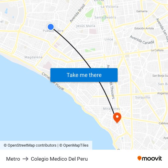 Metro to Colegio Medico Del Peru map