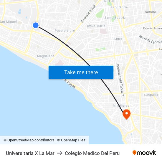 Universitaria X La Mar to Colegio Medico Del Peru map