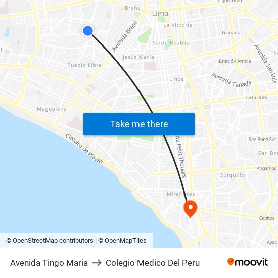 Avenida Tingo Maria to Colegio Medico Del Peru map