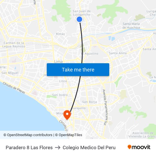 Paradero 8 Las Flores to Colegio Medico Del Peru map