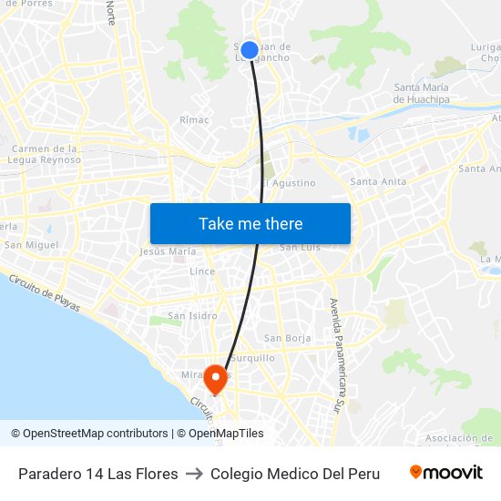 Paradero 14 Las Flores to Colegio Medico Del Peru map