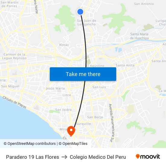 Paradero 19 Las Flores to Colegio Medico Del Peru map