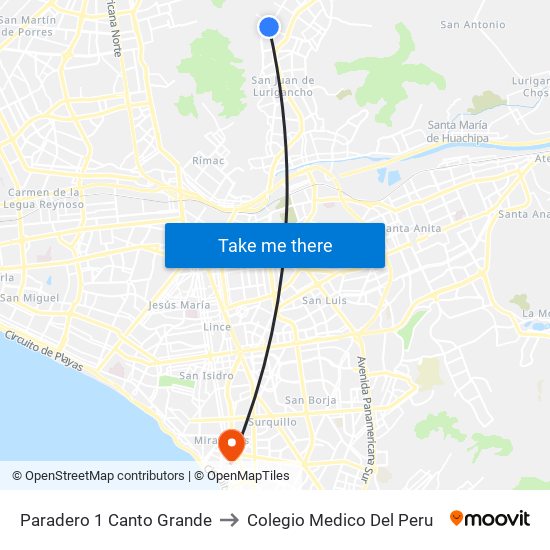 Paradero 1 Canto Grande to Colegio Medico Del Peru map
