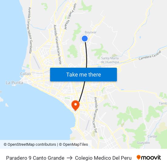 Paradero 9 Canto Grande to Colegio Medico Del Peru map