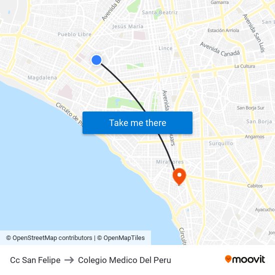 Cc San Felipe to Colegio Medico Del Peru map