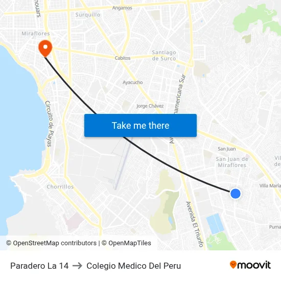 Paradero La 14 to Colegio Medico Del Peru map