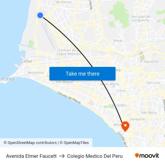 Avenida Elmer Faucett to Colegio Medico Del Peru map