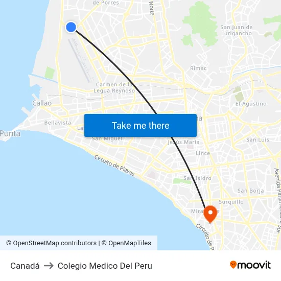 Canadá to Colegio Medico Del Peru map