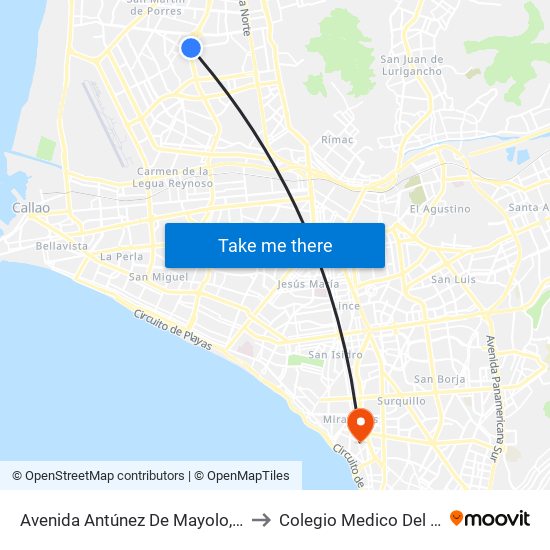 Avenida Antúnez De Mayolo, 1750 to Colegio Medico Del Peru map