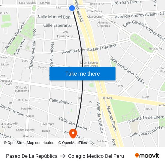 Paseo De La República to Colegio Medico Del Peru map