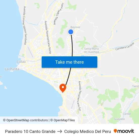 Paradero 10 Canto Grande to Colegio Medico Del Peru map