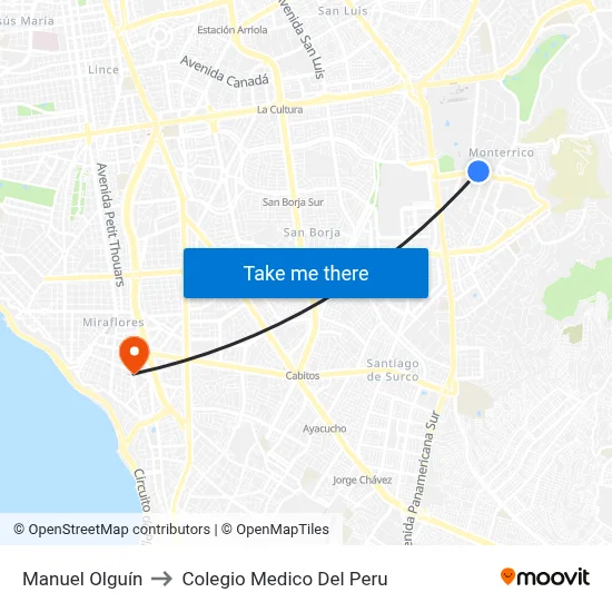 Manuel Olguín to Colegio Medico Del Peru map