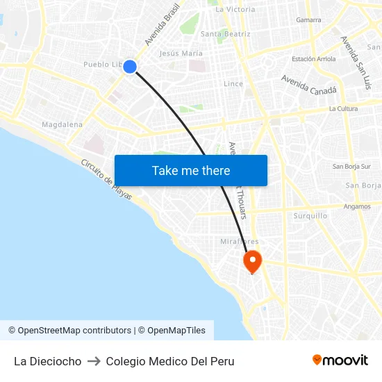 La Dieciocho to Colegio Medico Del Peru map