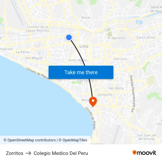Zorritos to Colegio Medico Del Peru map