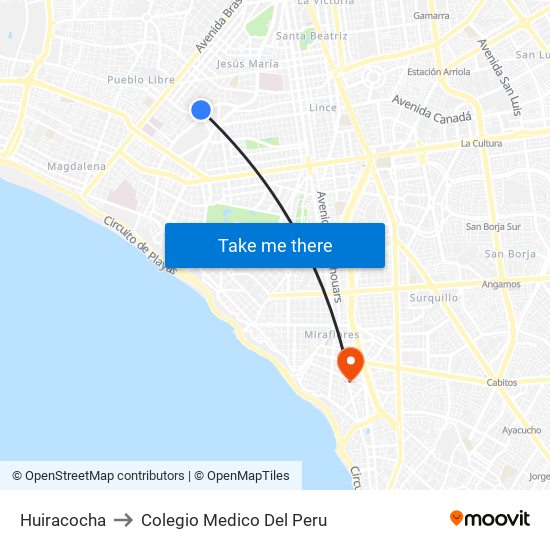 Huiracocha to Colegio Medico Del Peru map