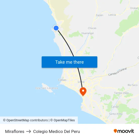 Miraflores to Colegio Medico Del Peru map
