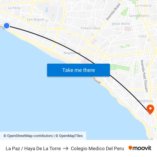 La Paz / Haya De La Torre to Colegio Medico Del Peru map