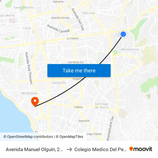 Avenida Manuel Olguín, 245 to Colegio Medico Del Peru map