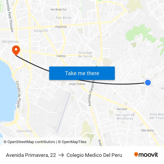 Avenida Primavera, 22 to Colegio Medico Del Peru map