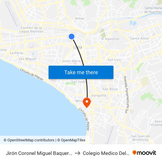 Jirón Coronel Miguel Baquero, 182 to Colegio Medico Del Peru map