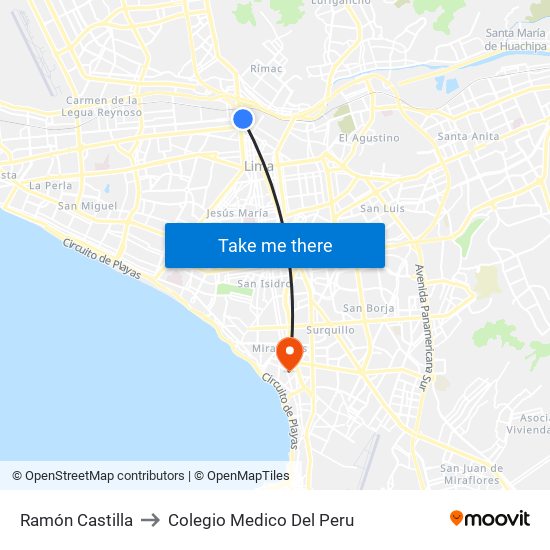 Ramón Castilla to Colegio Medico Del Peru map