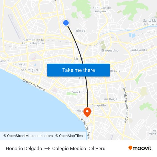 Honorio Delgado to Colegio Medico Del Peru map