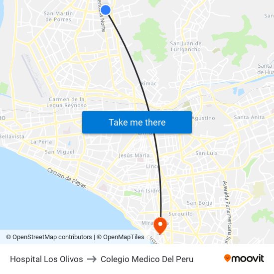 Hospital Los Olivos to Colegio Medico Del Peru map