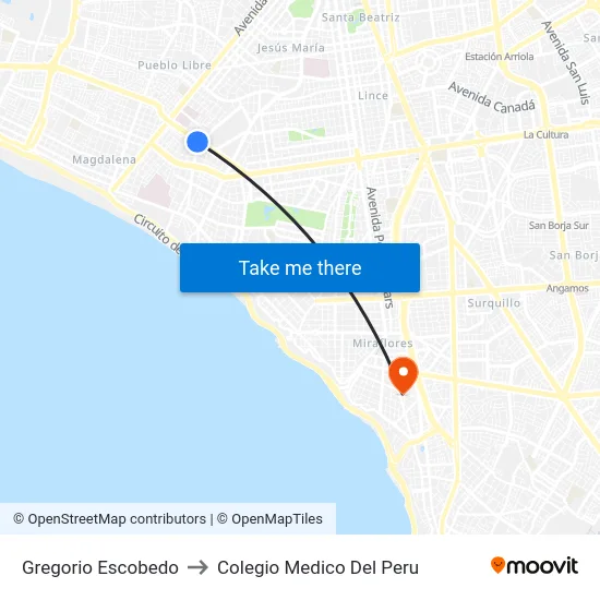 Gregorio Escobedo to Colegio Medico Del Peru map