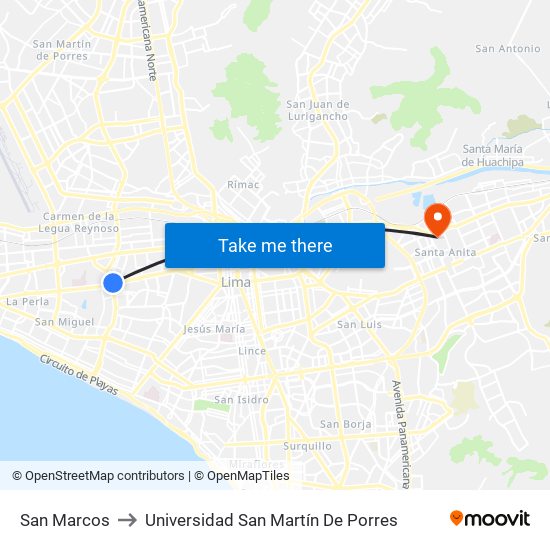 San Marcos to Universidad San Martín De Porres map