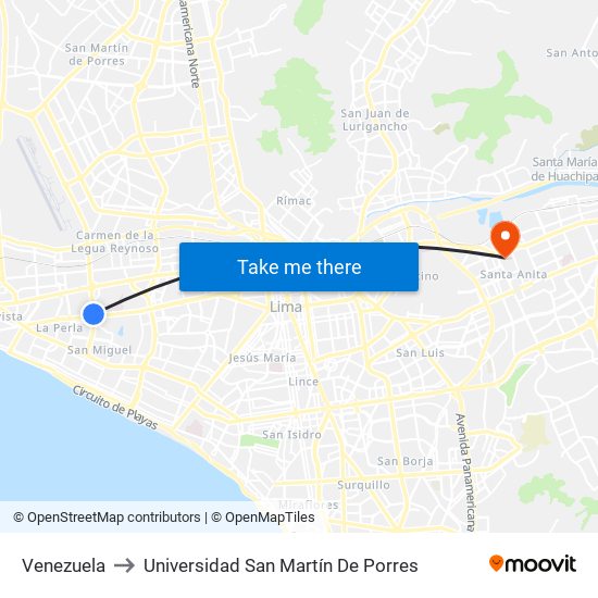 Venezuela to Universidad San Martín De Porres map
