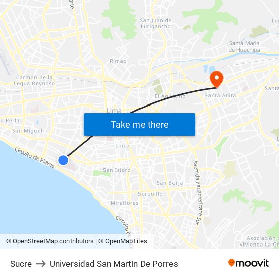 Sucre to Universidad San Martín De Porres map
