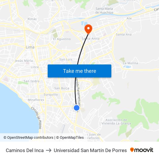 Caminos Del Inca to Universidad San Martín De Porres map
