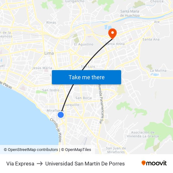 Vía Expresa to Universidad San Martín De Porres map