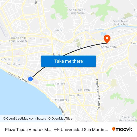 Plaza Tupac Amaru - Magdalena to Universidad San Martín De Porres map