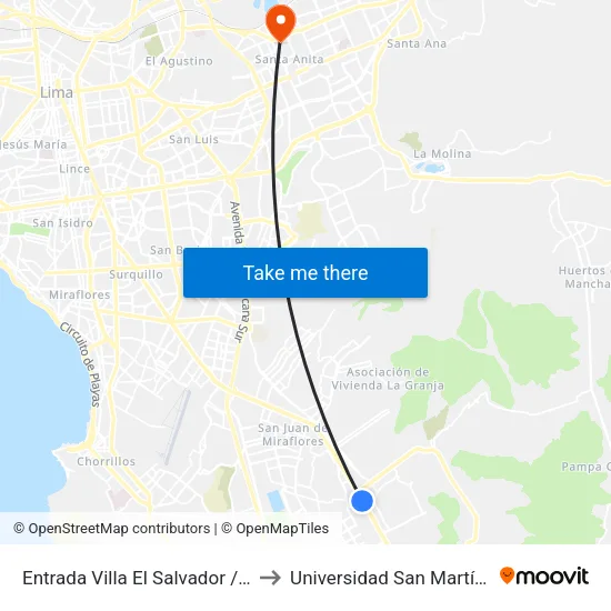 Entrada Villa El Salvador / Pumacahua to Universidad San Martín De Porres map