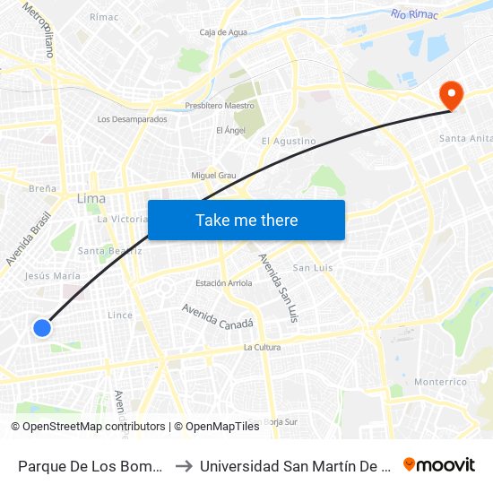 Parque De Los Bomberos to Universidad San Martín De Porres map