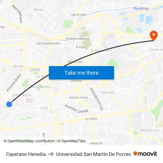 Cayetano Heredia to Universidad San Martín De Porres map