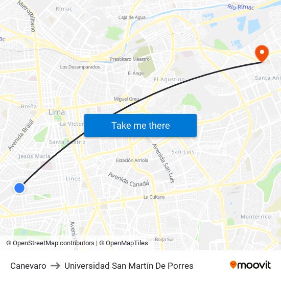 Canevaro to Universidad San Martín De Porres map