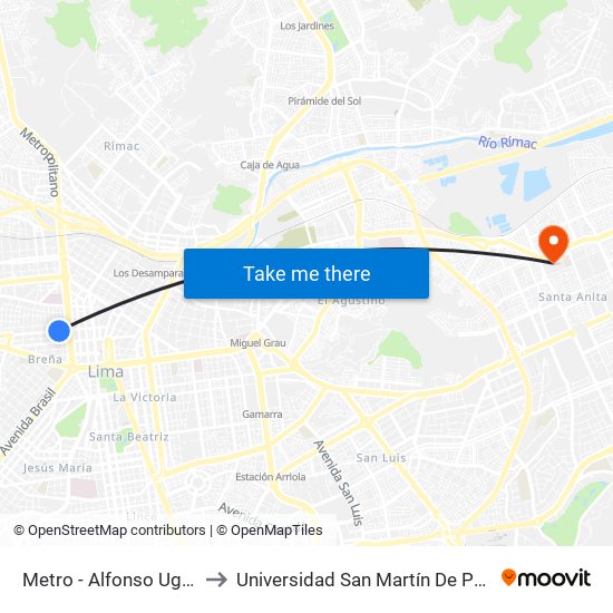 Metro - Alfonso Ugarte to Universidad San Martín De Porres map