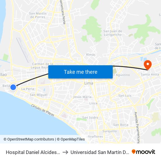 Hospital Daniel Alcides Carrión to Universidad San Martín De Porres map