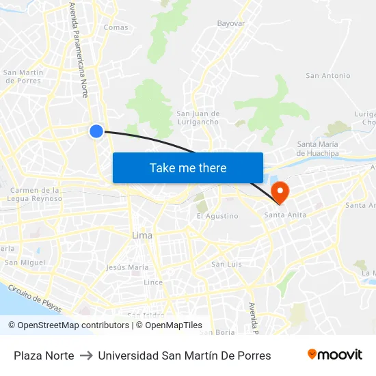 Plaza Norte to Universidad San Martín De Porres map