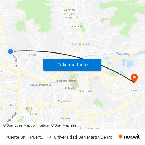 Puente Uni - Puerta 3 to Universidad San Martín De Porres map