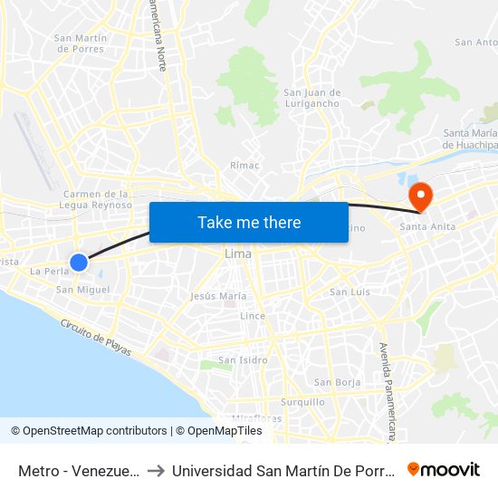 Metro - Venezuela to Universidad San Martín De Porres map