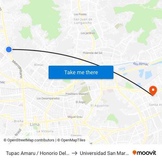 Tupac Amaru / Honorio Delgado - Puerta 5 to Universidad San Martín De Porres map