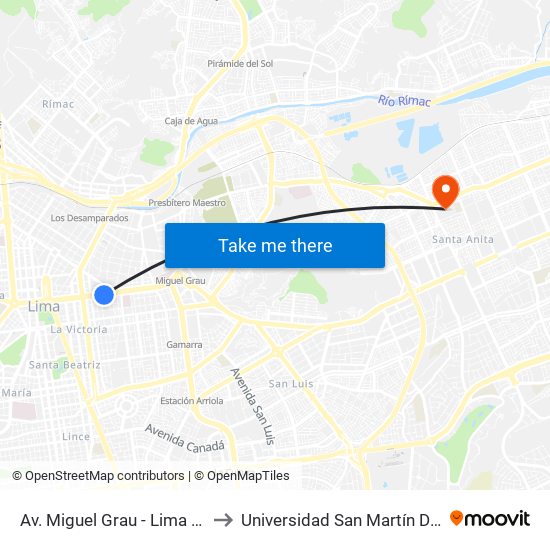 Av. Miguel Grau - Lima Cercado to Universidad San Martín De Porres map