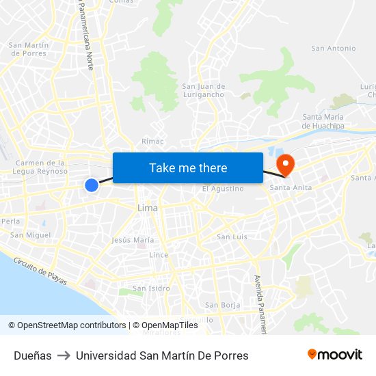 Dueñas to Universidad San Martín De Porres map