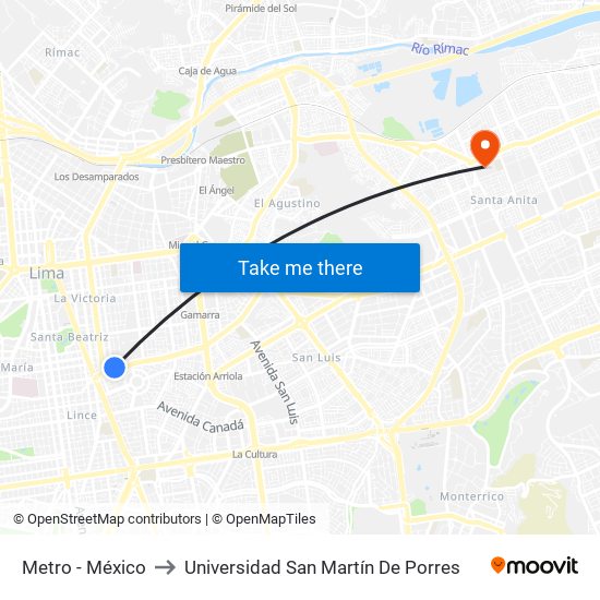 Metro - México to Universidad San Martín De Porres map