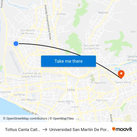 Tottus Canta Callao to Universidad San Martín De Porres map