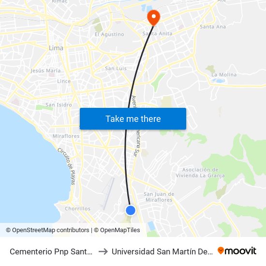 Cementerio Pnp Santa Rosa to Universidad San Martín De Porres map
